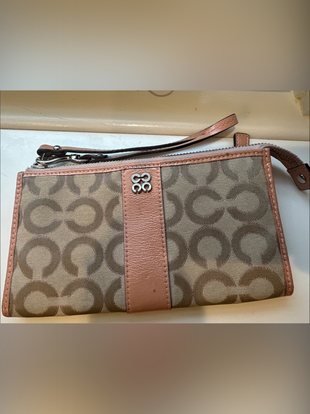 Coach Taupe and Blush Signature Zip Wristlet
